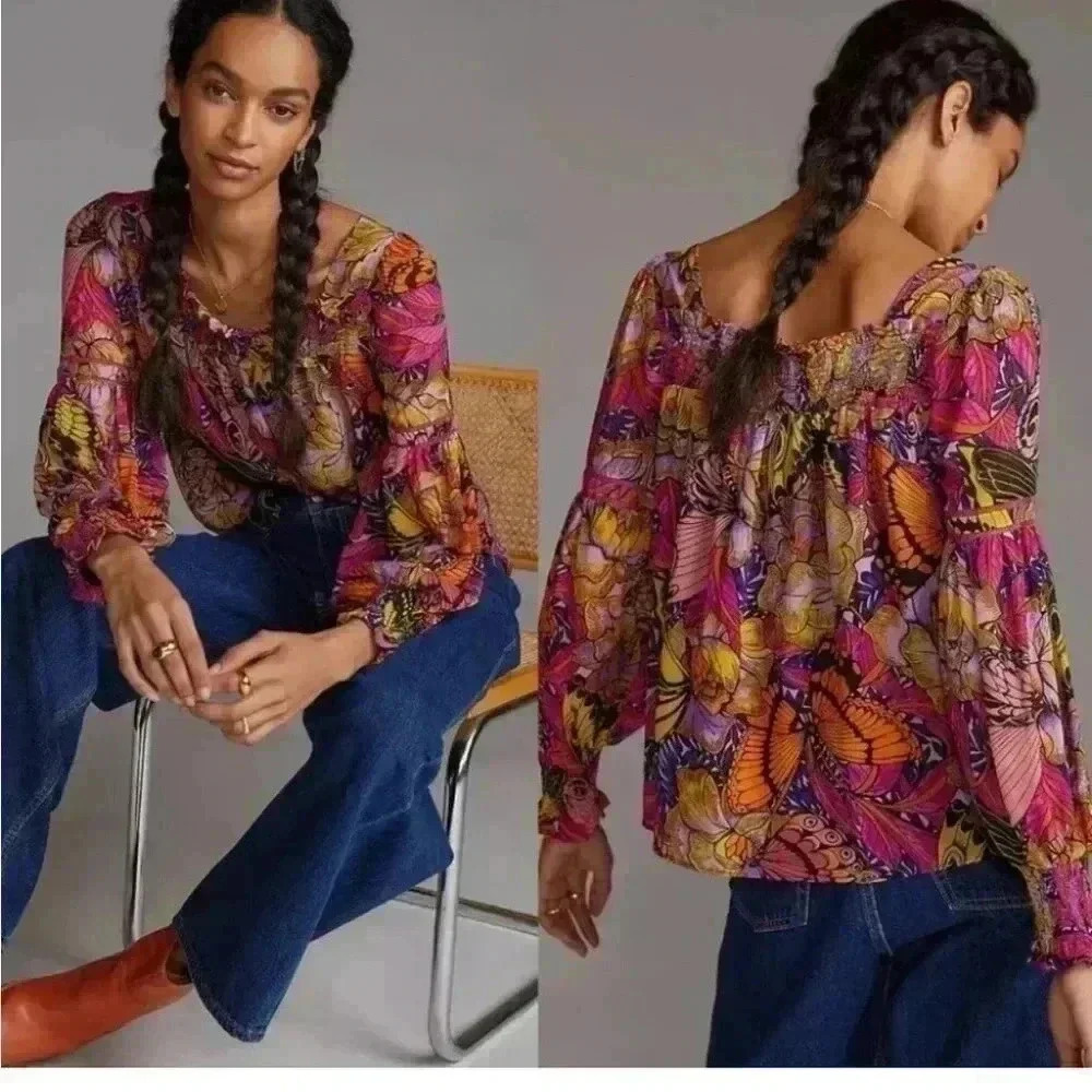Alexandra Farmer Puff-Sleeved Blouse Butterfly Funky Sz XS